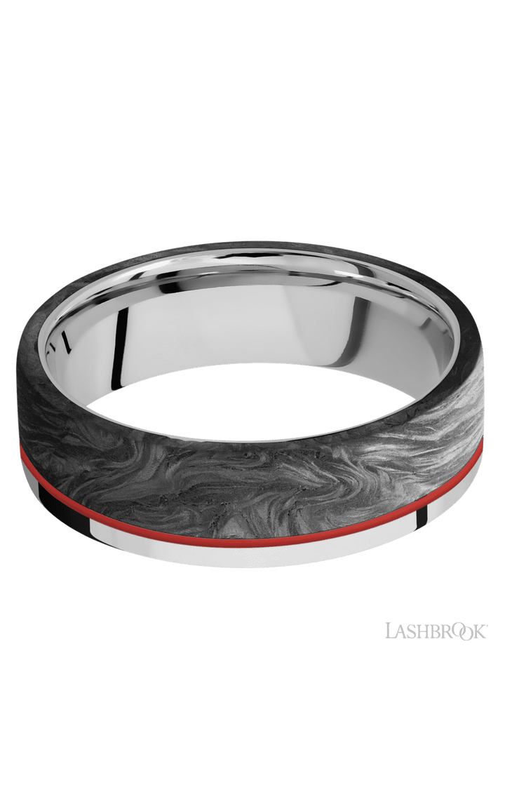 7 mm wide/Flat/Cobalt Chrome band with one 5 mm Off Center Edge inlay of Forged Carbon Fiber.