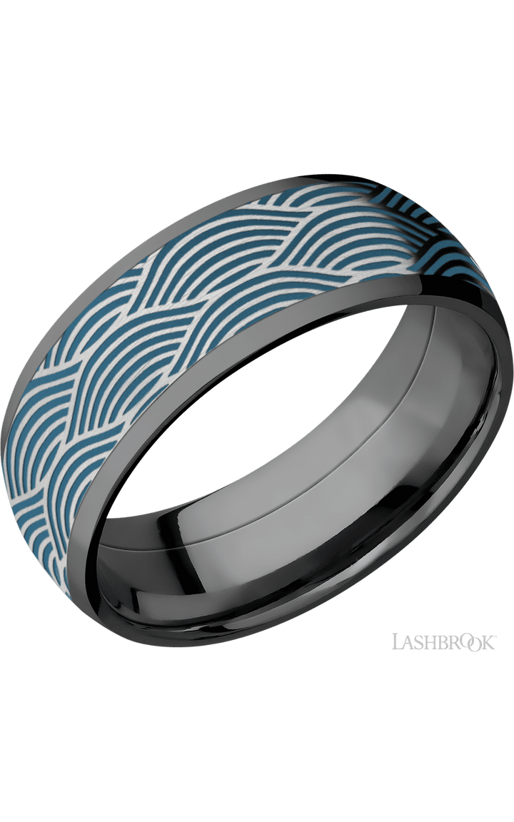 8 mm wide/Domed/Zirconium band with one 6 mm Centered inlay of Cobalt Chrome with a laser carved Navigator pattern.
