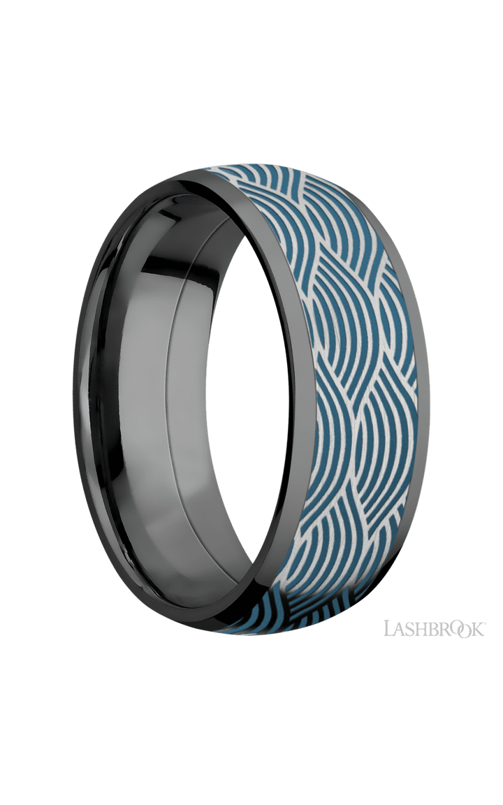 8 mm wide/Domed/Zirconium band with one 6 mm Centered inlay of Cobalt Chrome with a laser carved Navigator pattern.