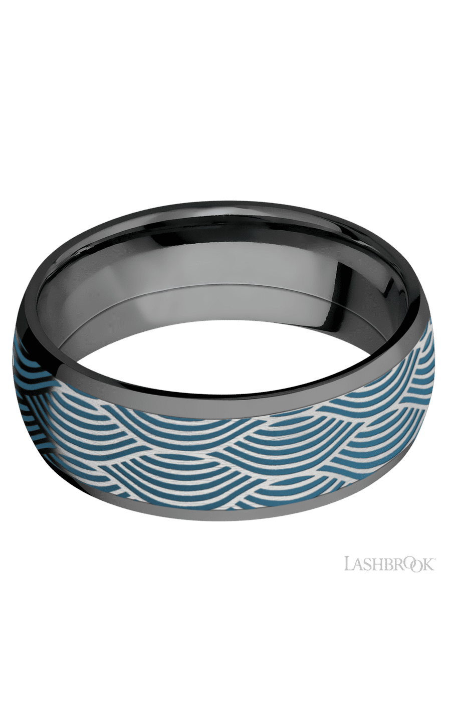 8 mm wide/Domed/Zirconium band with one 6 mm Centered inlay of Cobalt Chrome with a laser carved Navigator pattern.
