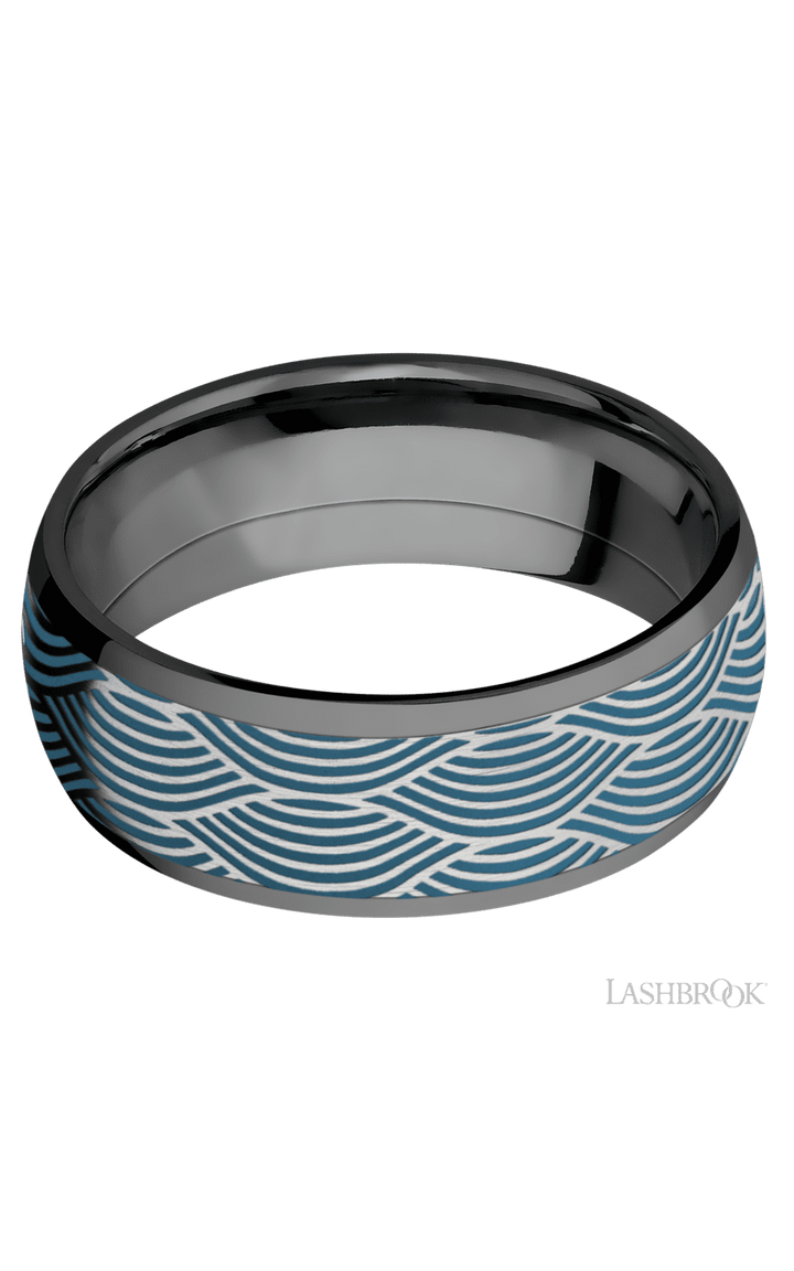 8 mm wide/Domed/Zirconium band with one 6 mm Centered inlay of Cobalt Chrome with a laser carved Navigator pattern.