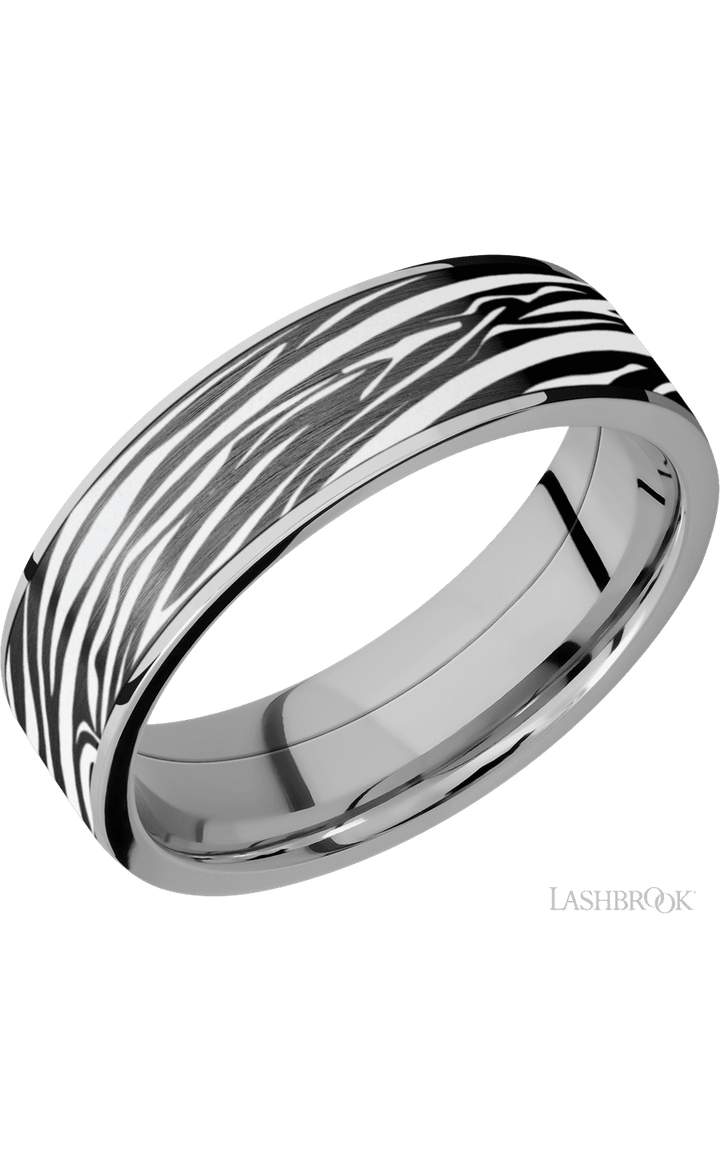 7 mm wide/Flat/Titanium band with one 6 mm Centered inlay of Zirconium with a laser carved Zebra pattern.