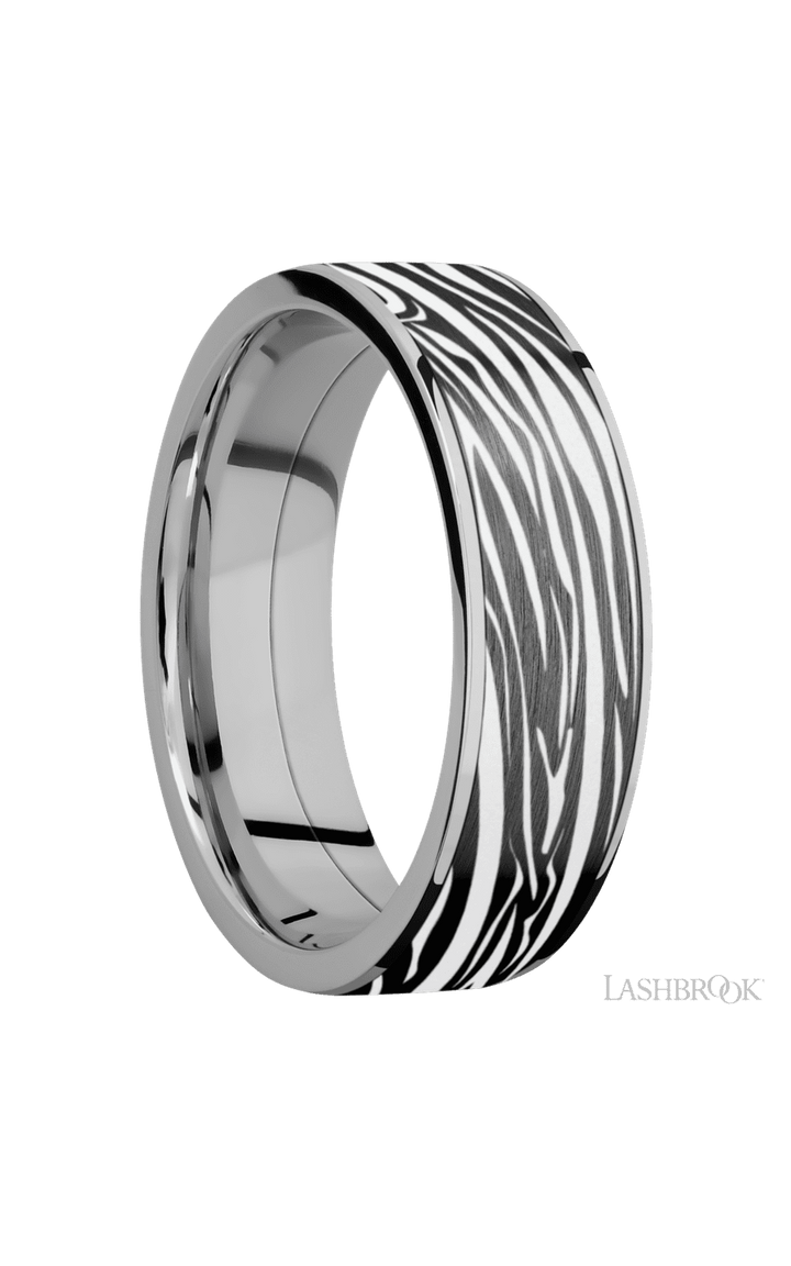 7 mm wide/Flat/Titanium band with one 6 mm Centered inlay of Zirconium with a laser carved Zebra pattern.