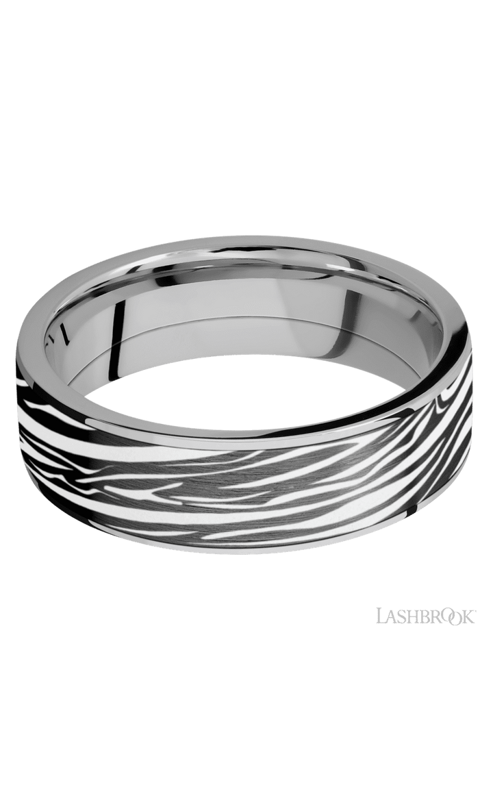 7 mm wide/Flat/Titanium band with one 6 mm Centered inlay of Zirconium with a laser carved Zebra pattern.