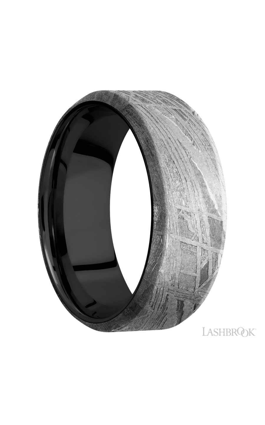 8 mm wide Beveled Meteorite band featuring a Zirconium sleeve.