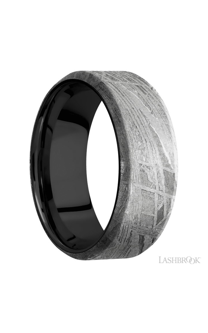 8 mm wide Beveled Meteorite band featuring a Zirconium sleeve.