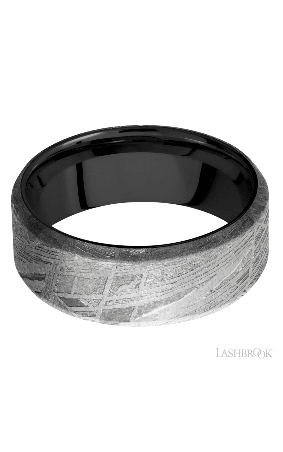 8 mm wide Beveled Meteorite band featuring a Zirconium sleeve.