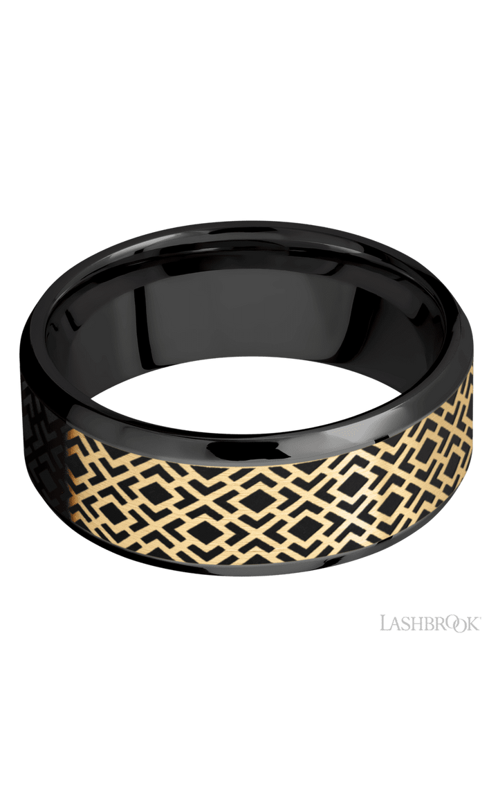 8 mm wide/Beveled/Zirconium band with one 6 mm Centered inlay of 14K Yellow Gold with a laser carved Trellis 2 pattern.