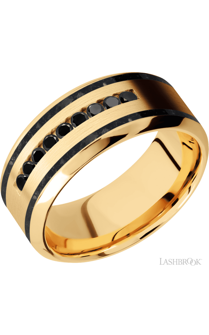 9 mm wide/High Bevel/14K Yellow Gold band with  two 1 mm Wide inlays of Black Onyx and featuring an  arrangement of 9, .03 carat Round Black Diamond stones in a Channel setting