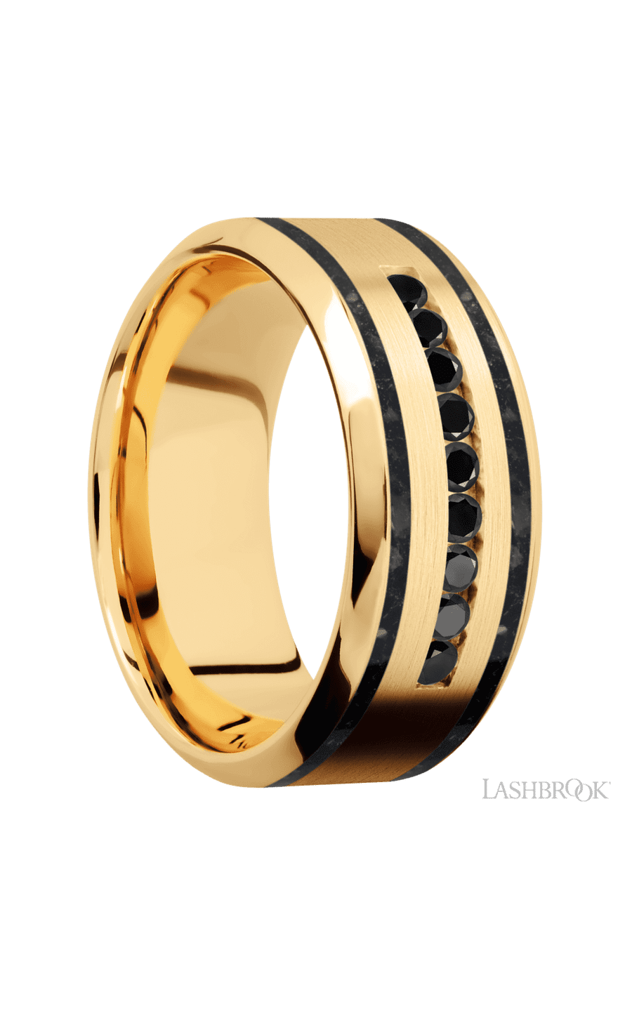 9 mm wide/High Bevel/14K Yellow Gold band with  two 1 mm Wide inlays of Black Onyx and featuring an  arrangement of 9, .03 carat Round Black Diamond stones in a Channel setting