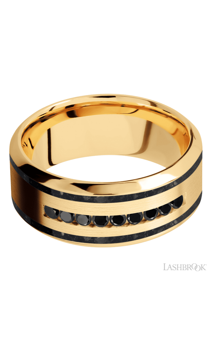 9 mm wide/High Bevel/14K Yellow Gold band with  two 1 mm Wide inlays of Black Onyx and featuring an  arrangement of 9, .03 carat Round Black Diamond stones in a Channel setting