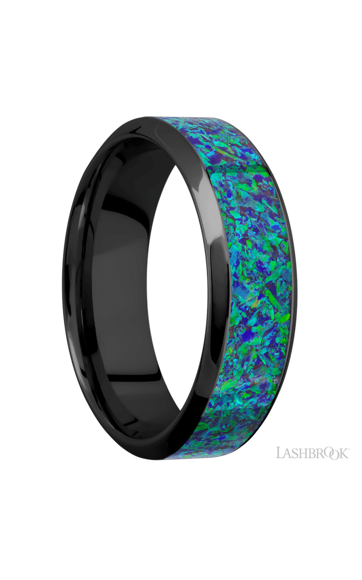 7 mm wide/High Bevel/Zirconium band with one 4 mm Centered inlay of Green Opal.