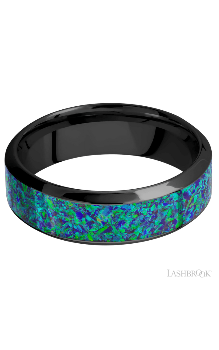 7 mm wide/High Bevel/Zirconium band with one 4 mm Centered inlay of Green Opal.