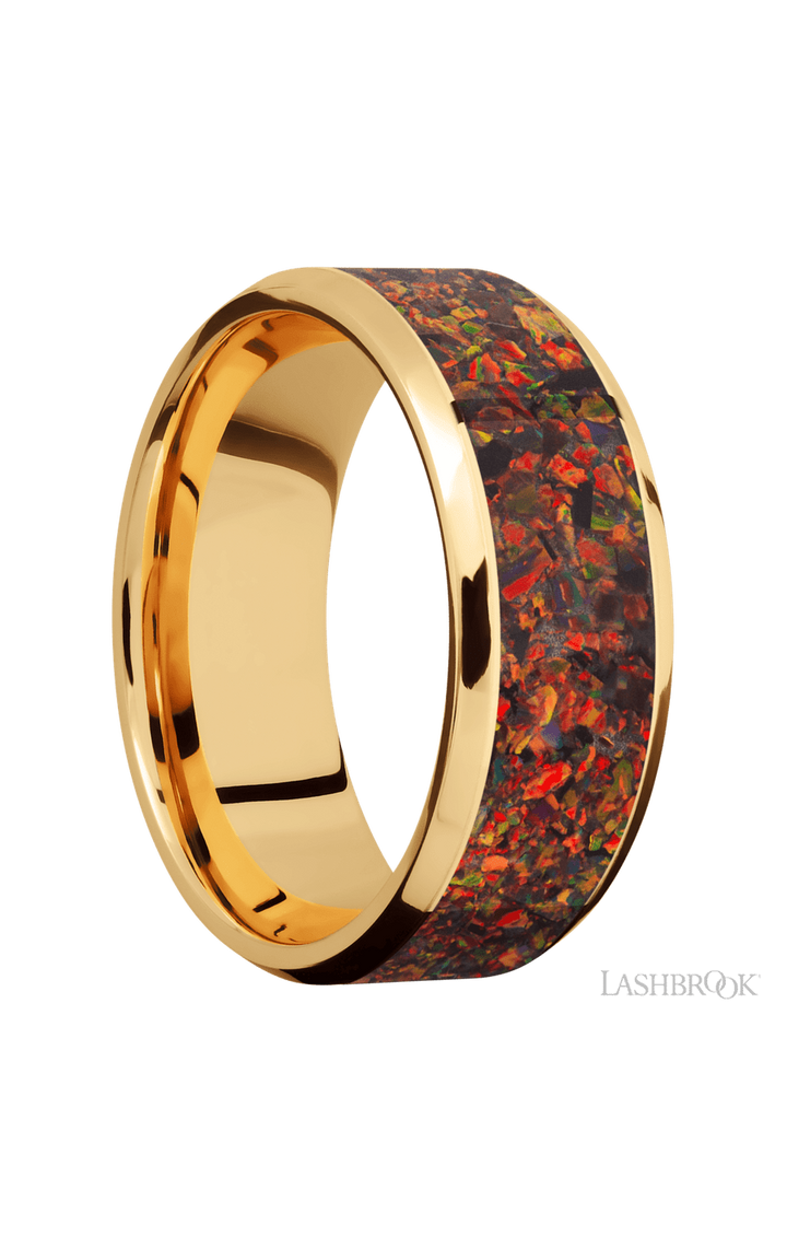 8 mm wide/Beveled/14K Yellow Gold band with one 6 mm Centered inlay of Red Opal.