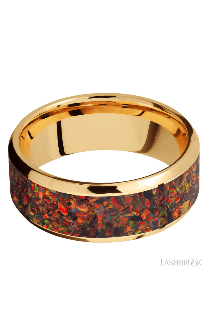 8 mm wide/Beveled/14K Yellow Gold band with one 6 mm Centered inlay of Red Opal.