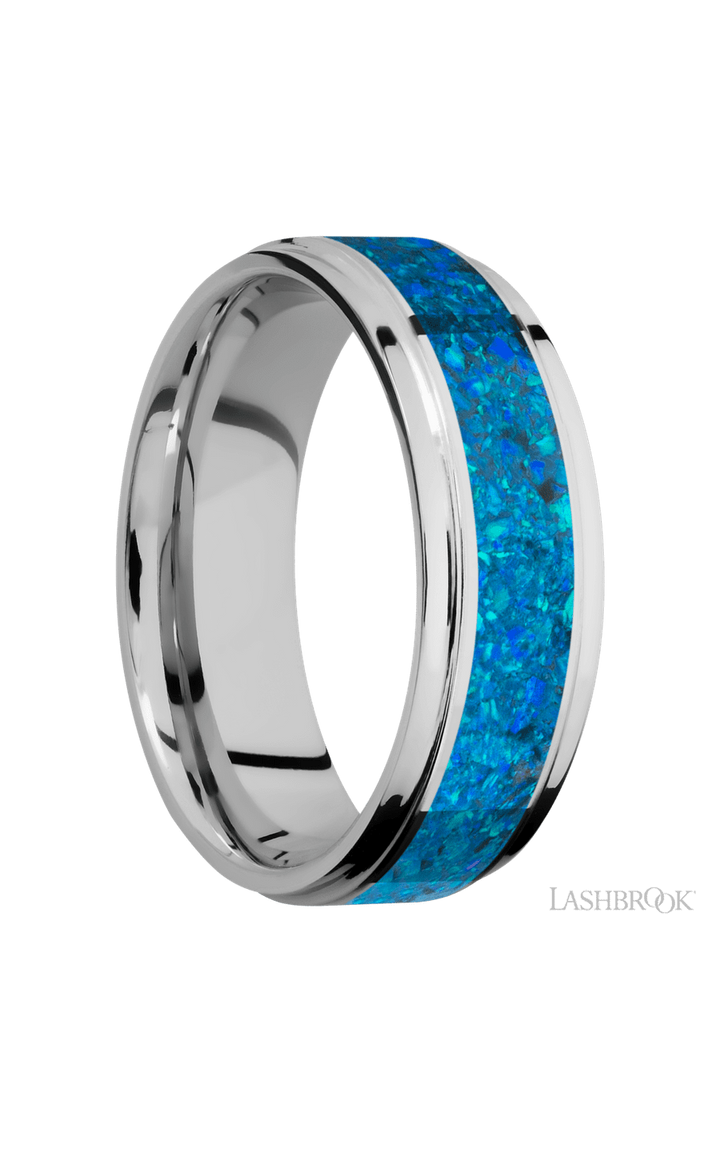 7 mm wide/Flat Grooved Edges/Cobalt Chrome band with one 4 mm Centered inlay of Blue Opal.