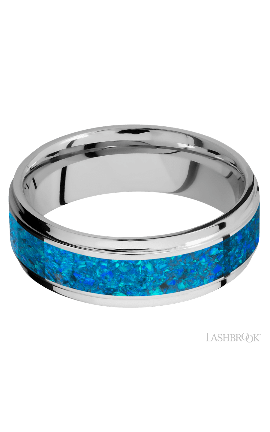 7 mm wide/Flat Grooved Edges/Cobalt Chrome band with one 4 mm Centered inlay of Blue Opal.