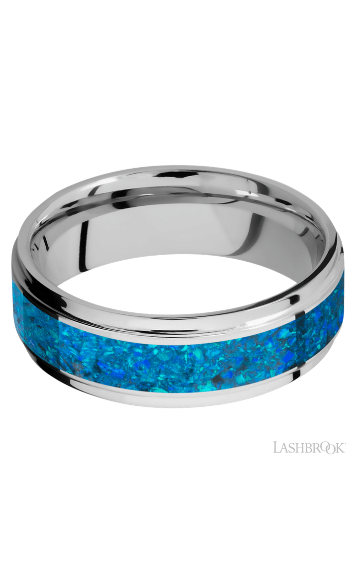 7 mm wide/Flat Grooved Edges/Cobalt Chrome band with one 4 mm Centered inlay of Blue Opal.