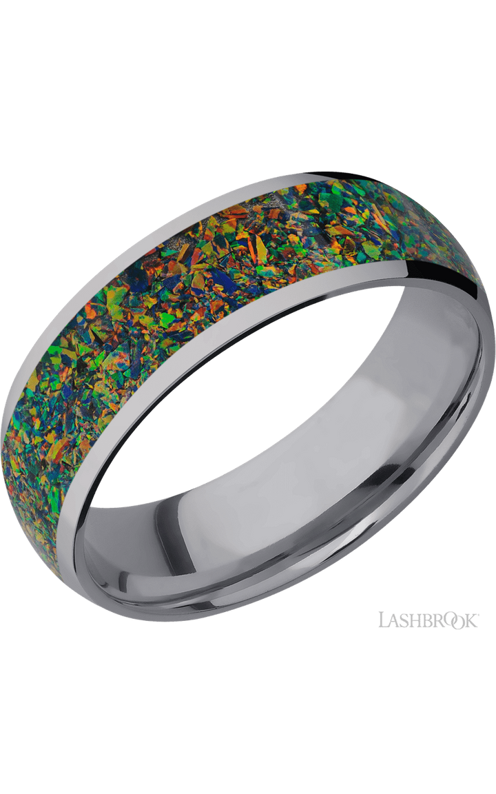 7 mm wide/Domed/Tantalum band with one 5 mm Centered inlay of Black Opal.