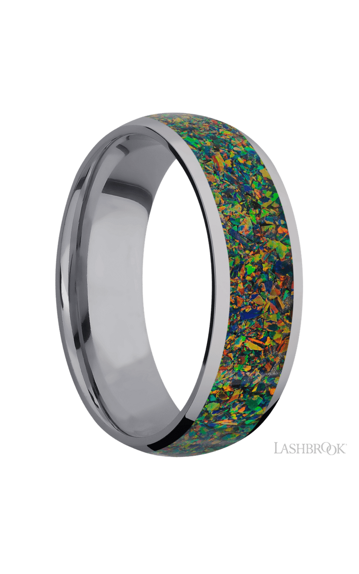 7 mm wide/Domed/Tantalum band with one 5 mm Centered inlay of Black Opal.