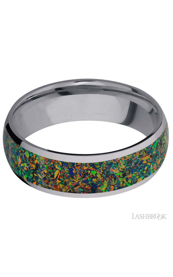 7 mm wide/Domed/Tantalum band with one 5 mm Centered inlay of Black Opal.