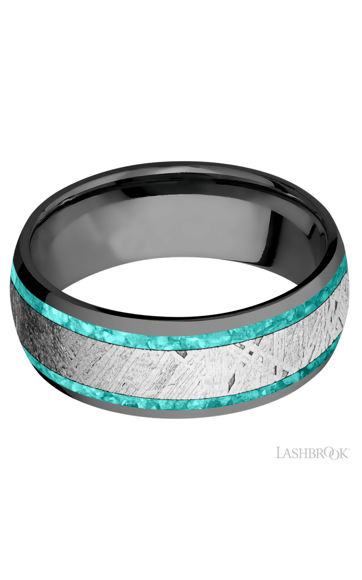 8 mm wide/Domed/Zirconium band featuring inlays of Teal Opal and Meteorite.