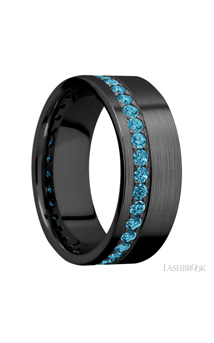 8 mm wide/Flat/Zirconium band with a Off Center Eternity arrangement of .03 carat Round Lab Blue Diamond stones in a Bead setting.