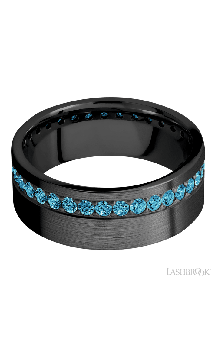 8 mm wide/Flat/Zirconium band with a Off Center Eternity arrangement of .03 carat Round Lab Blue Diamond stones in a Bead setting.