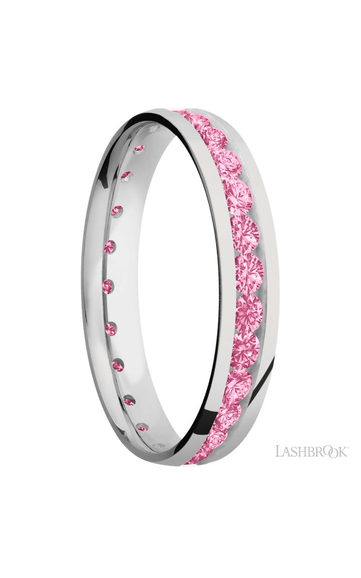 4 mm wide/Domed/Cobalt Chrome band with an Eternity arrangement of .07 carat Round Lab Dark Pink Diamond stones in a Channel setting.