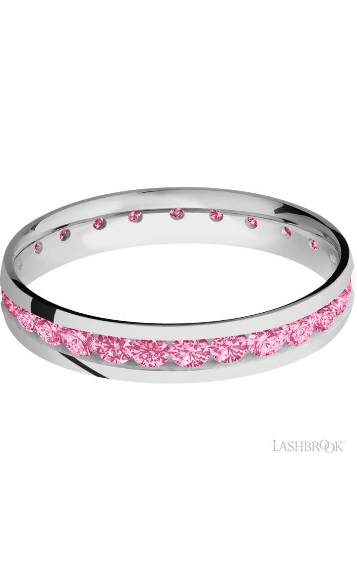 4 mm wide/Domed/Cobalt Chrome band with an Eternity arrangement of .07 carat Round Lab Dark Pink Diamond stones in a Channel setting.
