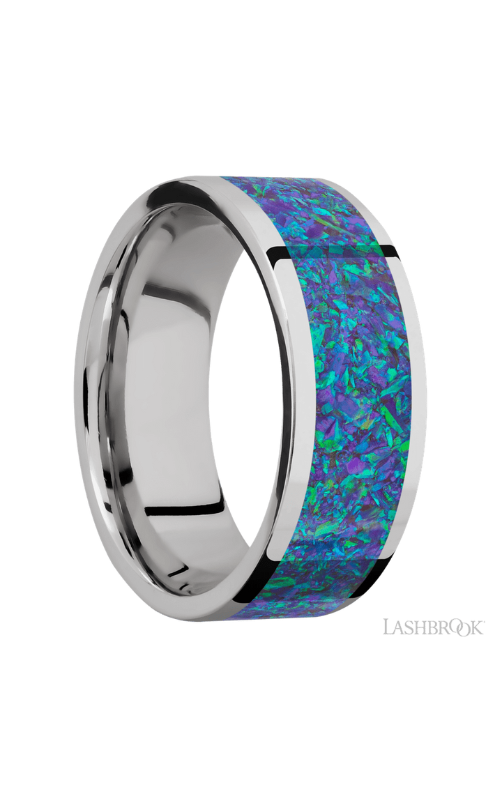 8 mm wide/Flat/Cobalt Chrome band with one 6 mm Centered inlay of Blue Green Opal.