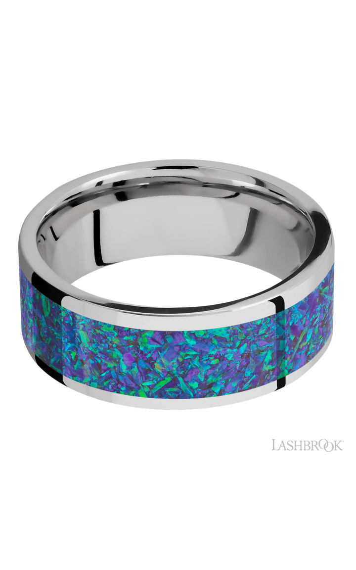 8 mm wide/Flat/Cobalt Chrome band with one 6 mm Centered inlay of Blue Green Opal.