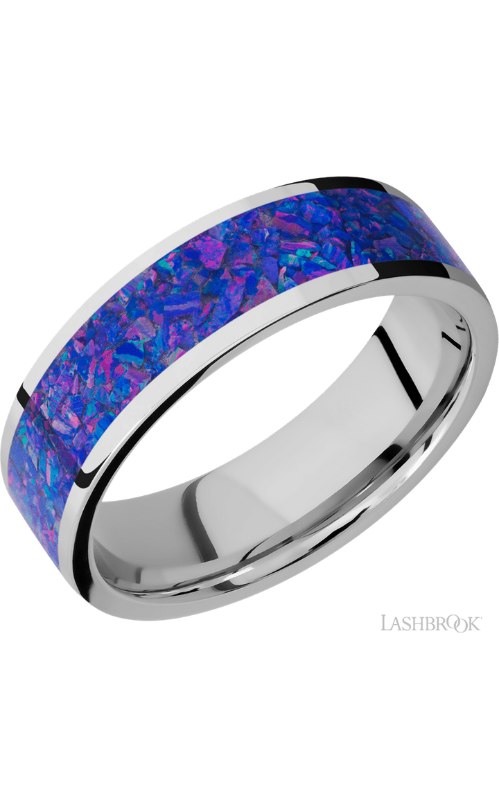 7 mm wide/Flat/Cobalt Chrome band with one 5 mm Centered inlay of Purple Opal.