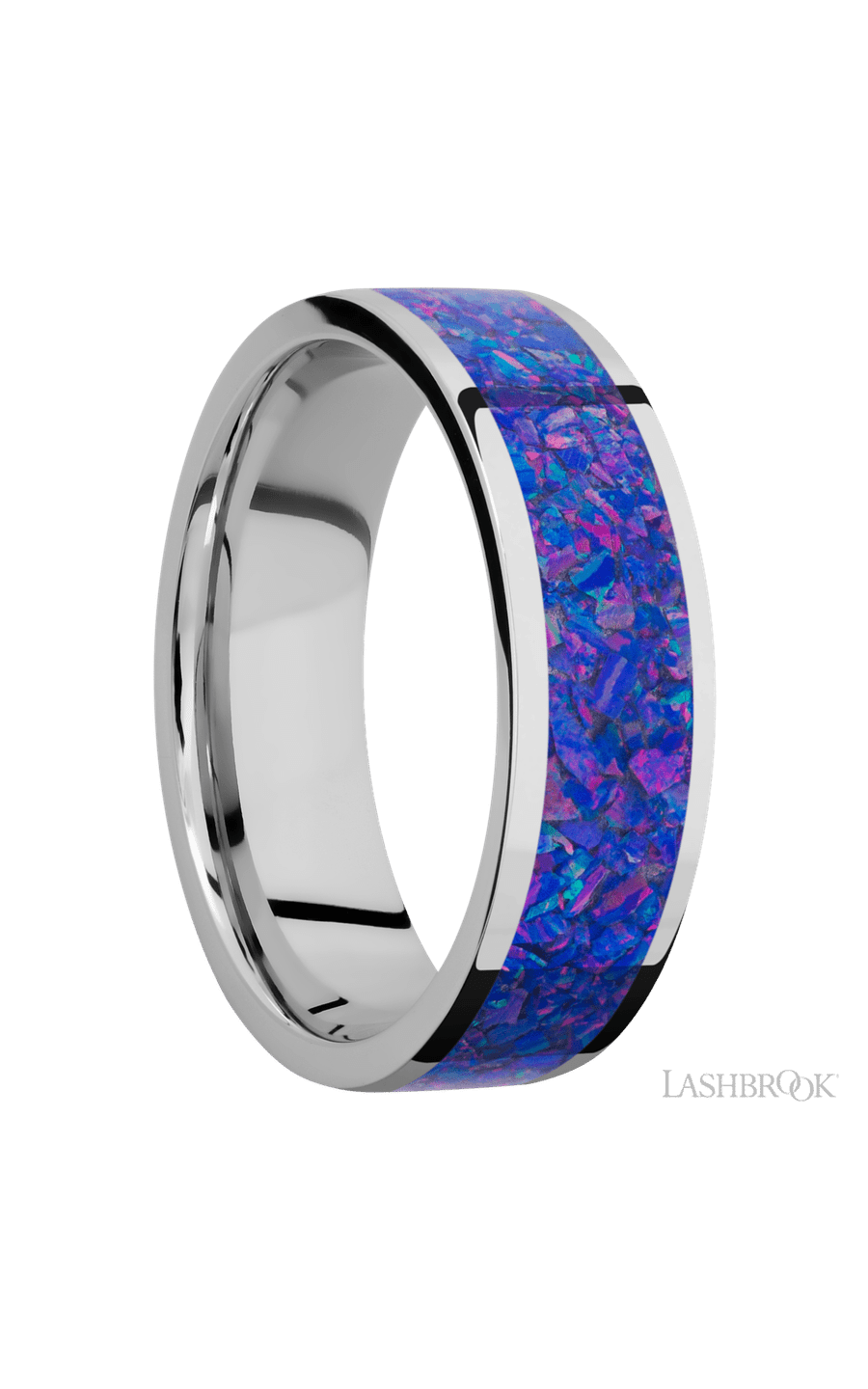 7 mm wide/Flat/Cobalt Chrome band with one 5 mm Centered inlay of Purple Opal.