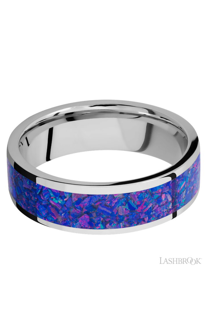 7 mm wide/Flat/Cobalt Chrome band with one 5 mm Centered inlay of Purple Opal.