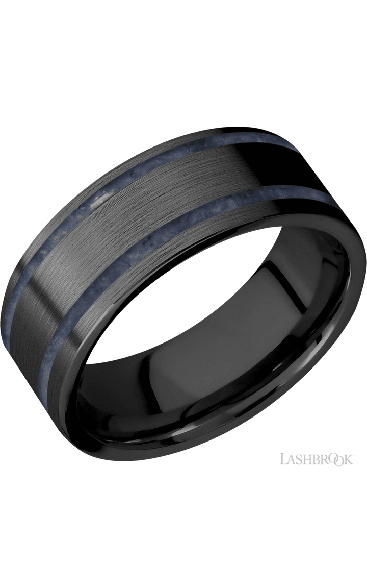 8 mm wide/Flat/Zirconium band with two 1 mm Wide inlays of Sodalite.
