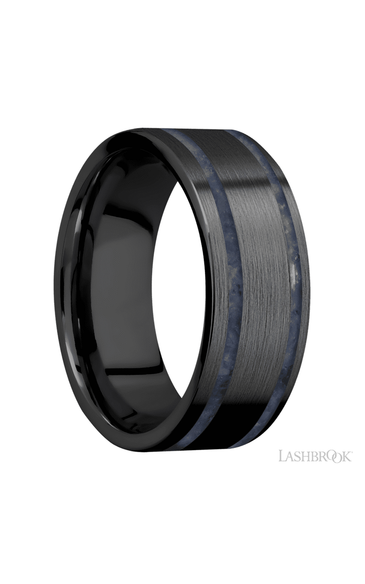 8 mm wide/Flat/Zirconium band with two 1 mm Wide inlays of Sodalite.