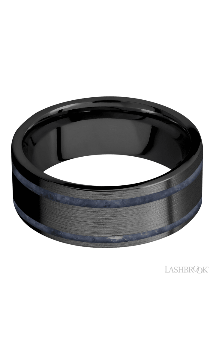 8 mm wide/Flat/Zirconium band with two 1 mm Wide inlays of Sodalite.
