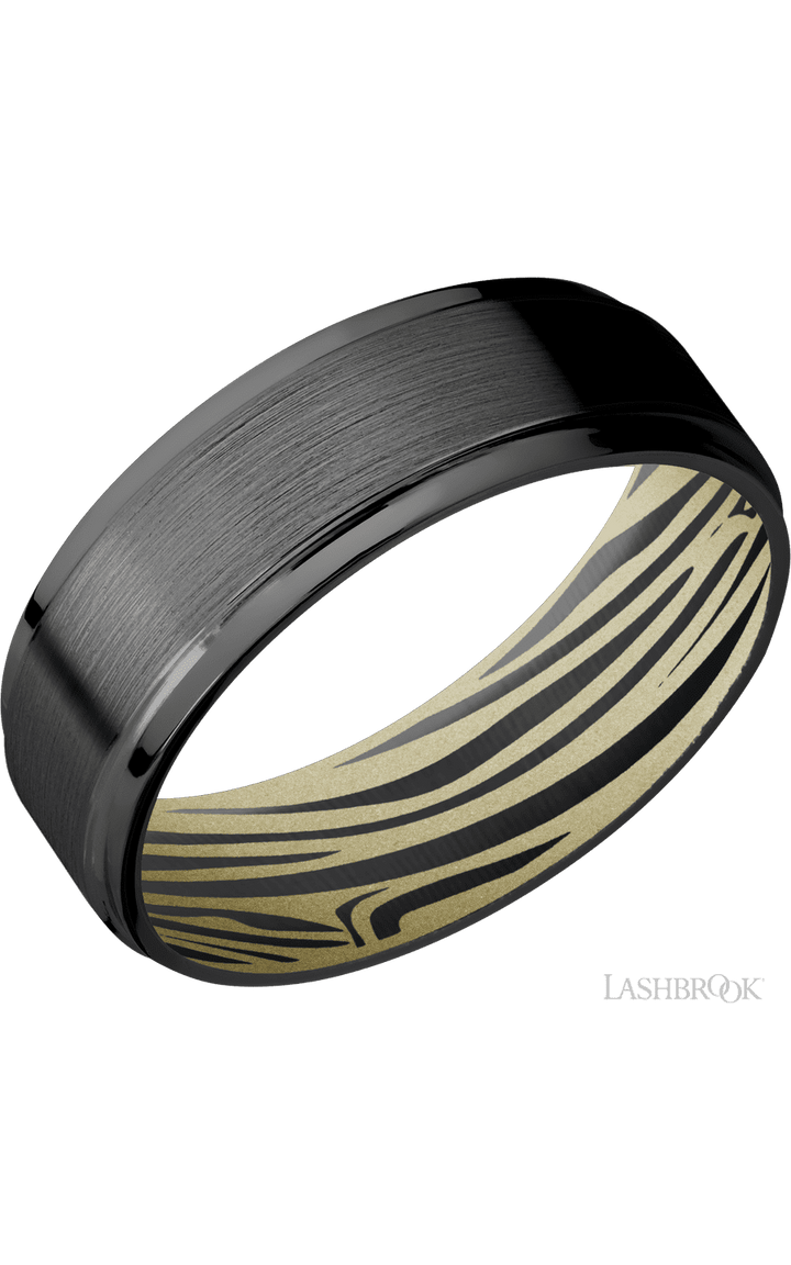 7 mm wide Flat Grooved Edges Zirconium band featuring a Bright Nickel sleeve.