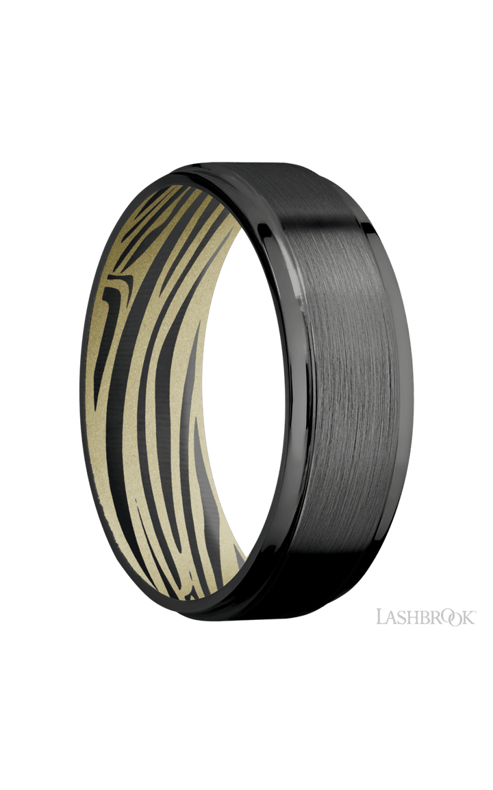 7 mm wide Flat Grooved Edges Zirconium band featuring a Bright Nickel sleeve.