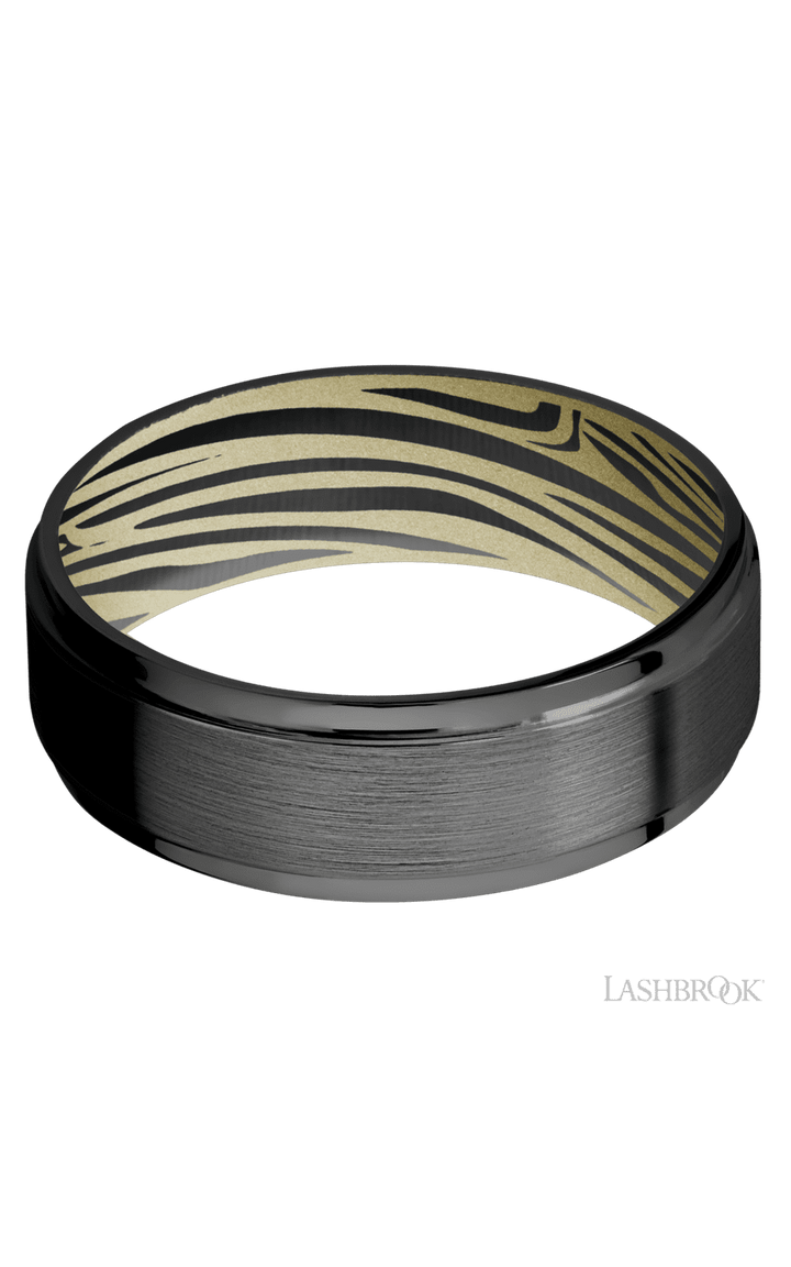 7 mm wide Flat Grooved Edges Zirconium band featuring a Bright Nickel sleeve.