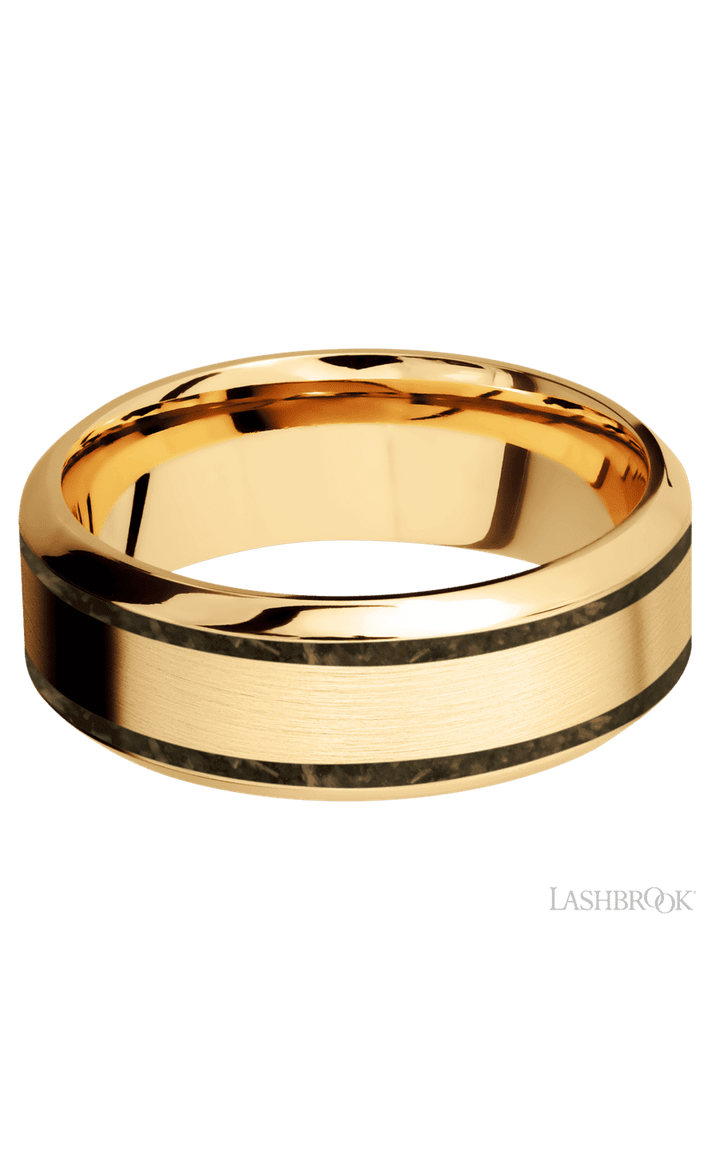 8 mm wide/High Bevel/14K Yellow Gold band with two 1 mm Wide inlays of Gold Tiger Eye.