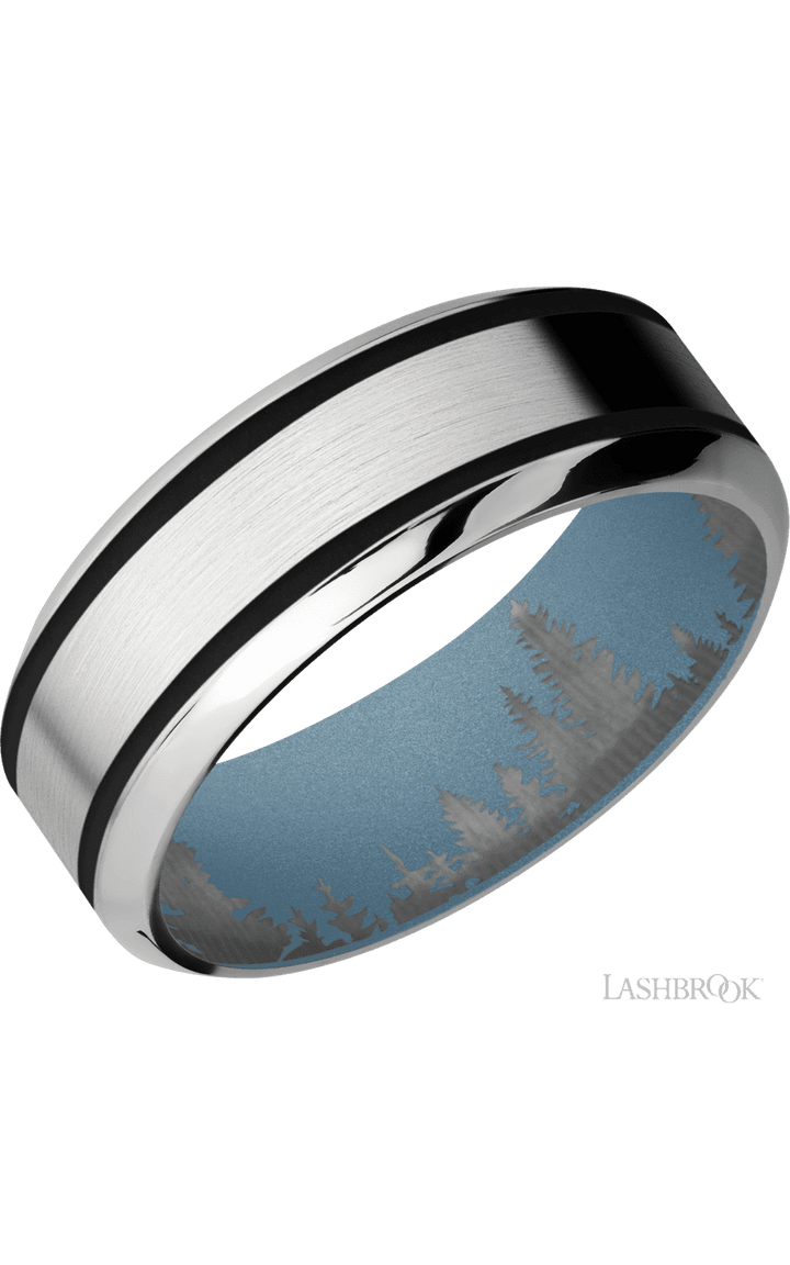 8 mm wide/High Bevel/Cobalt Chrome band with two 1 mm Wide inlays of Black also featuring a Polar Blue sleeve.