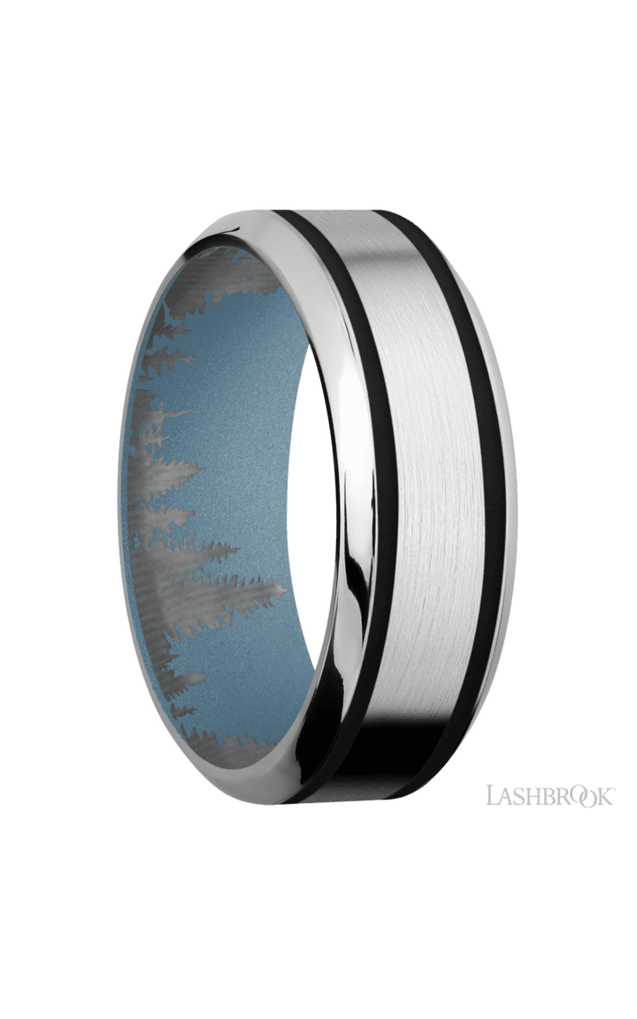 8 mm wide/High Bevel/Cobalt Chrome band with two 1 mm Wide inlays of Black also featuring a Polar Blue sleeve.