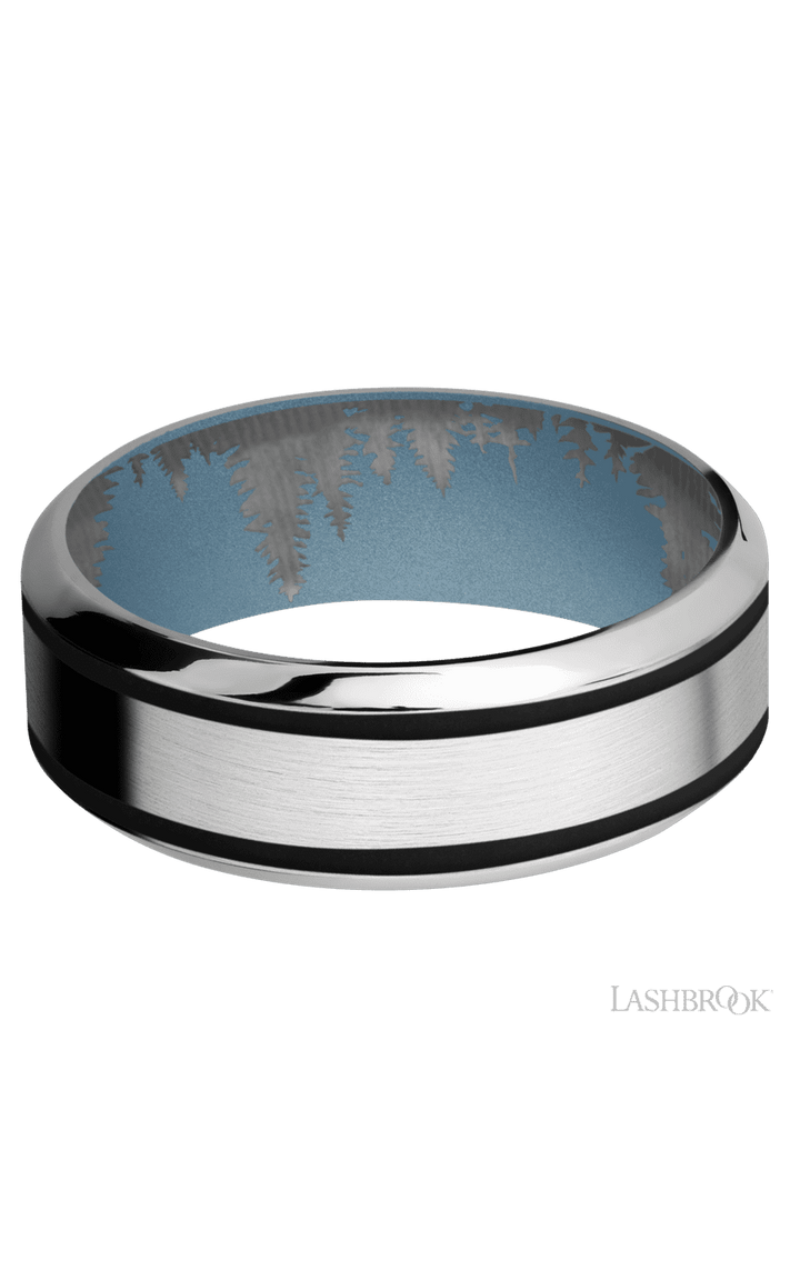 8 mm wide/High Bevel/Cobalt Chrome band with two 1 mm Wide inlays of Black also featuring a Polar Blue sleeve.