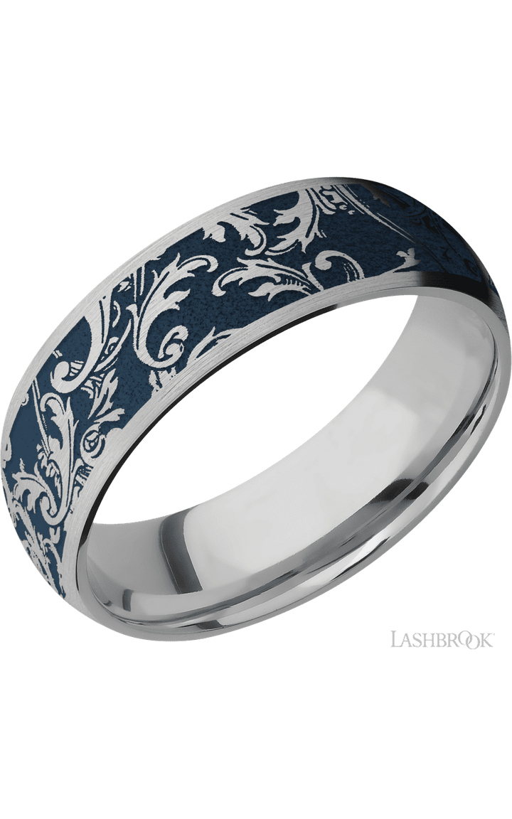 7 mm wide/Domed/Titanium band with a laser carved Black Leaf pattern.