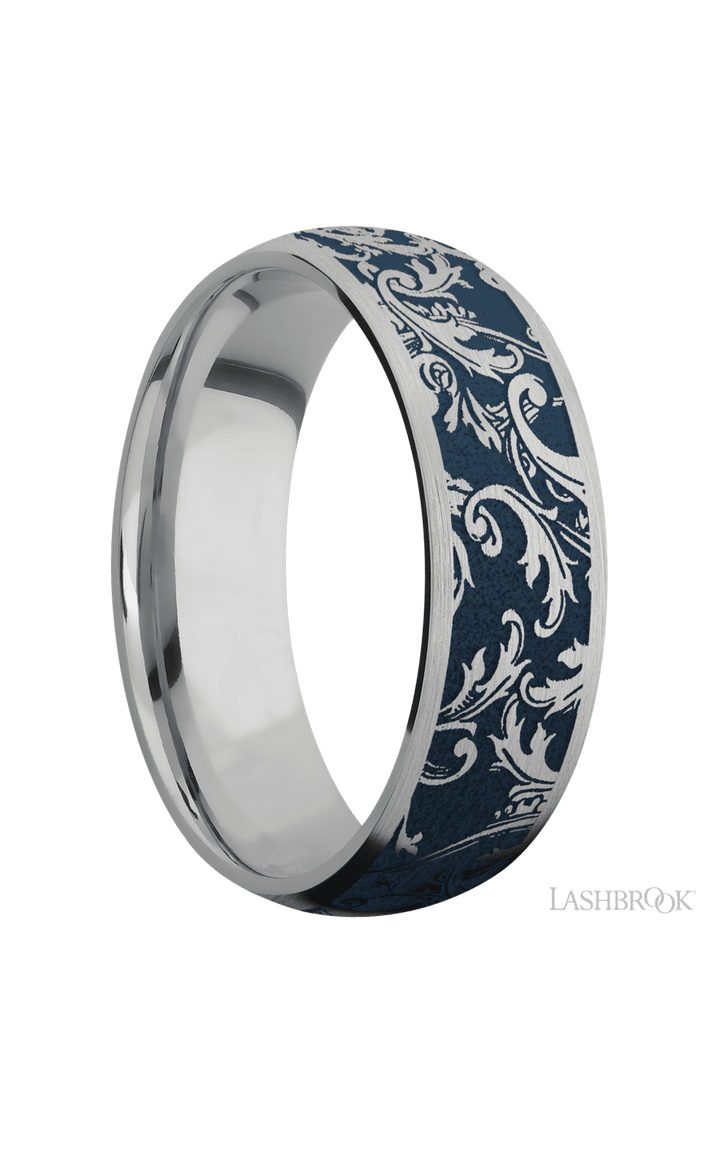 7 mm wide/Domed/Titanium band with a laser carved Black Leaf pattern.
