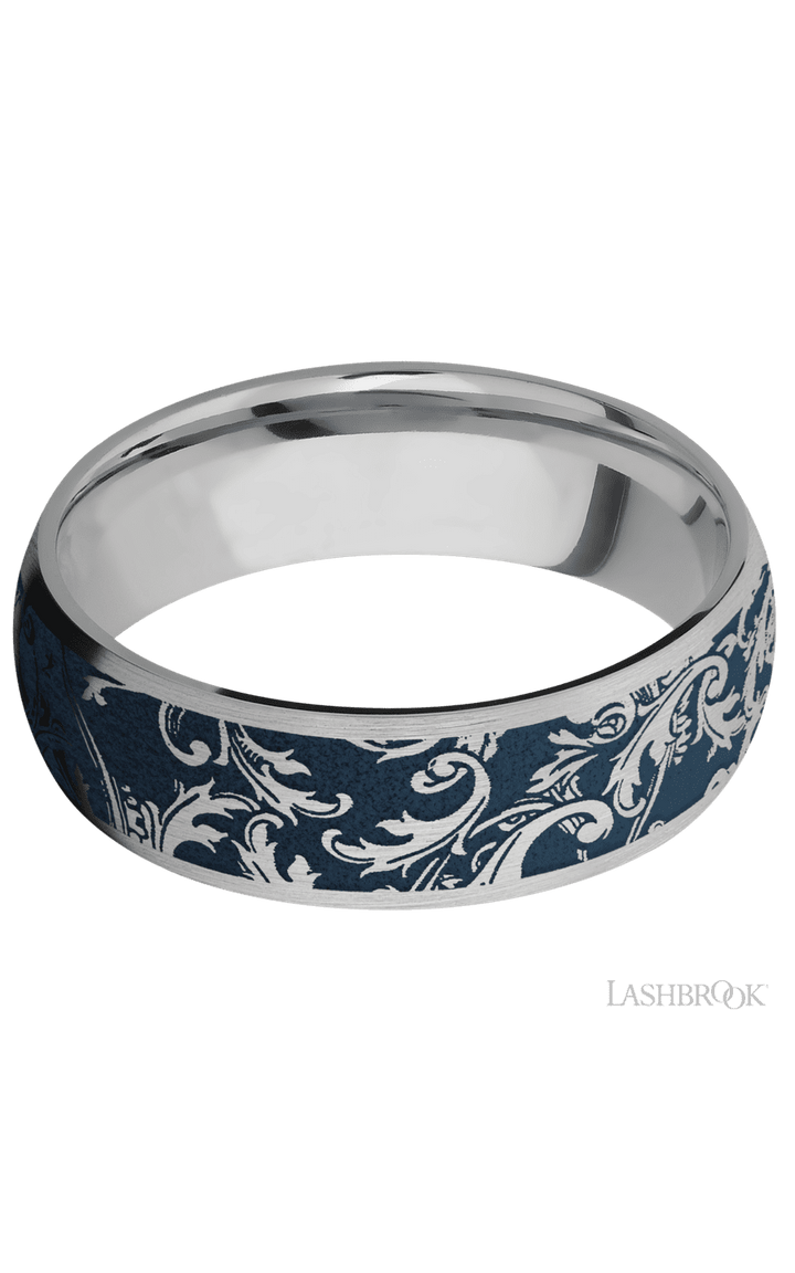 7 mm wide/Domed/Titanium band with a laser carved Black Leaf pattern.