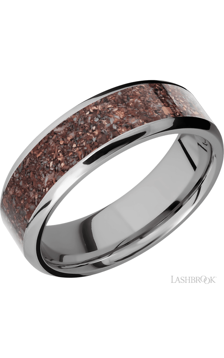 7 mm wide/Beveled/Titanium band with one 5 mm Centered inlay of Dinosaur Bone Mixed.