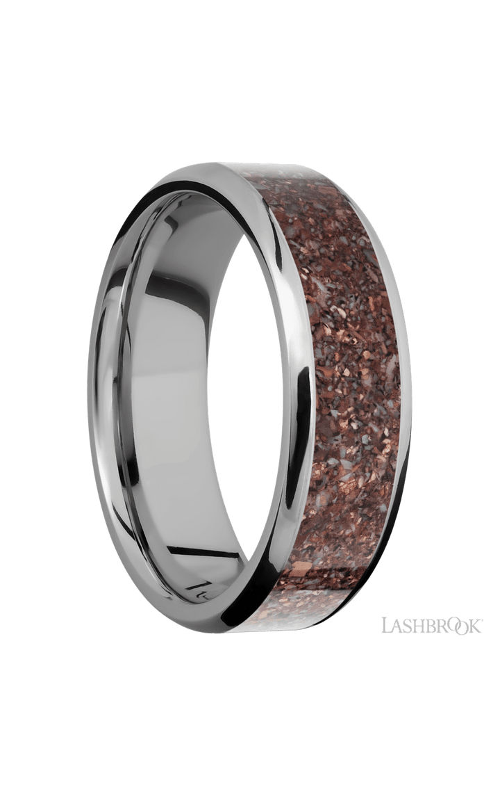 7 mm wide/Beveled/Titanium band with one 5 mm Centered inlay of Dinosaur Bone Mixed.